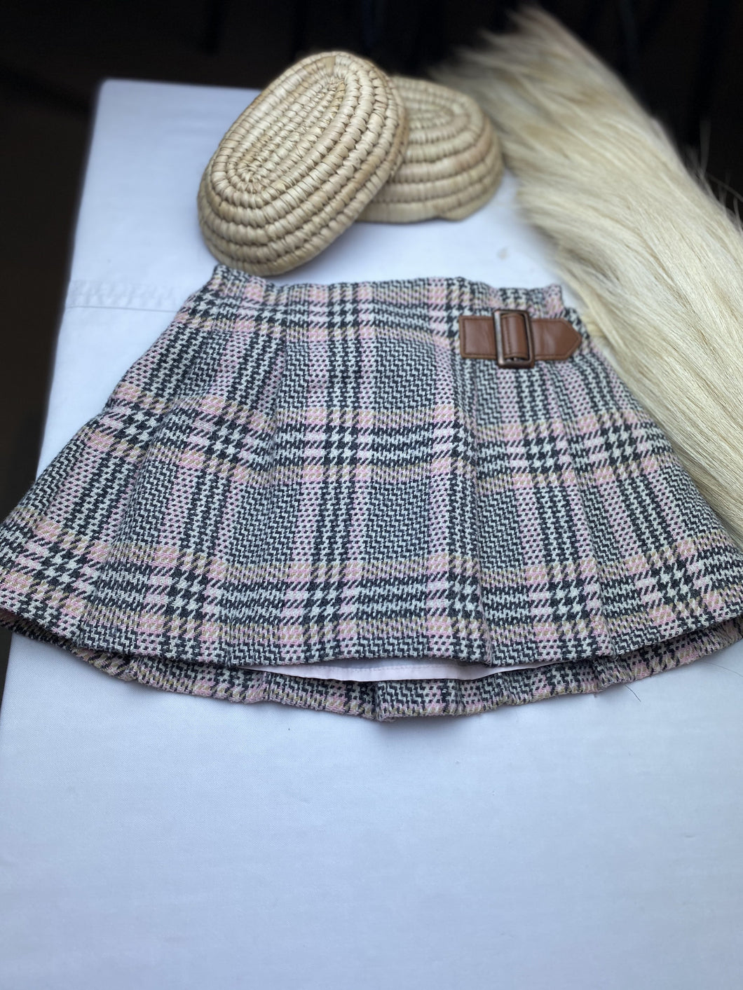 Next UK Cotton / Wool Scottish prep Pink/Grey Strip Skirt Girls 12 to 18 mths