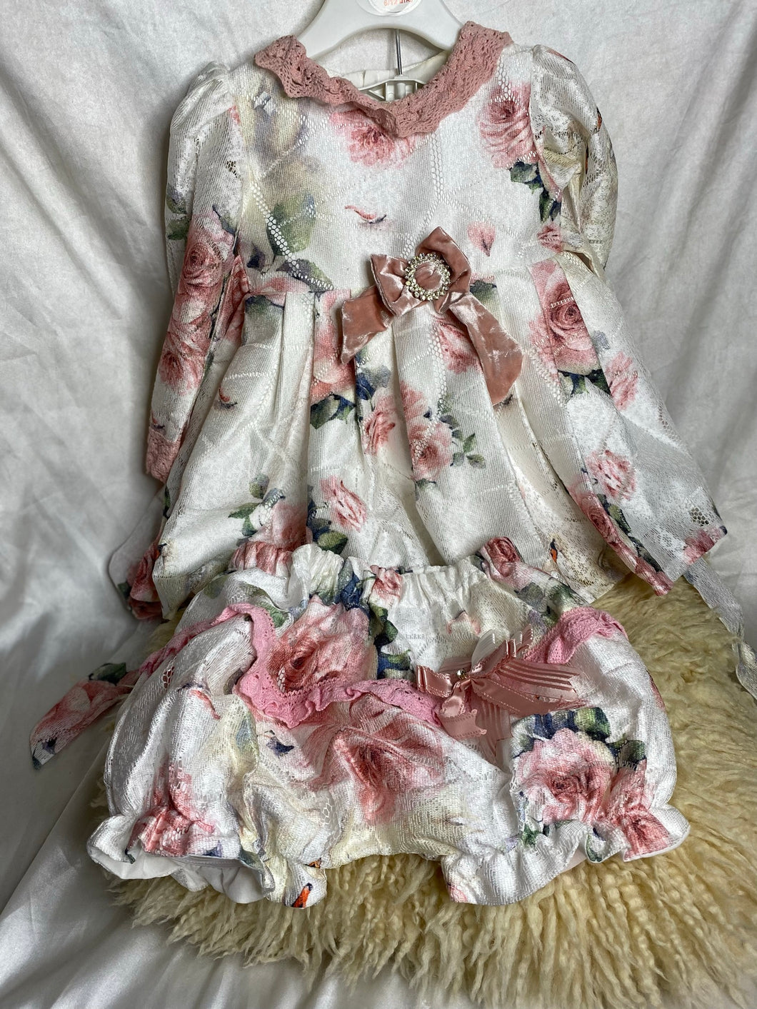 Children's Salon Beautiful Cream Flower Velvet  Dress Lovely Pant set - Girls 9 to 12 months