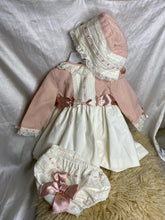 Load image into Gallery viewer, Childrens&#39; Salon Dolce Petit Pink and Cream Exquisite Formal Bonnet, Dress and Pants - Girls 9 Months
