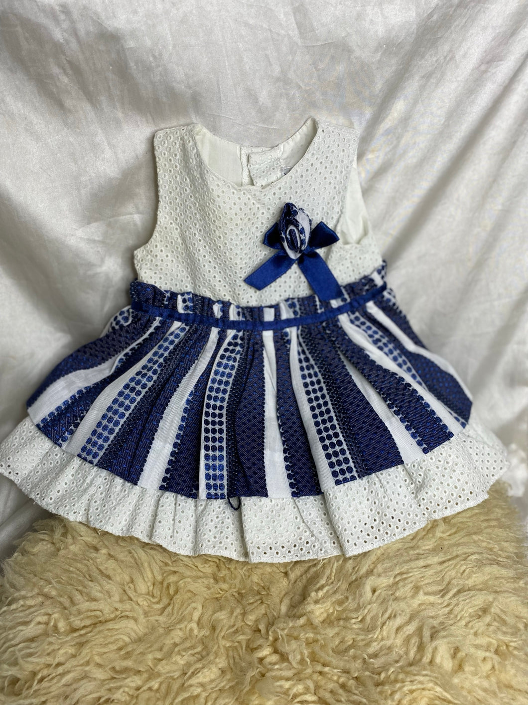Childrens' Salon Dolce Petit Navy Strip and Cream Exquisite Formal Bonnet and Dress - Girls 12 Months