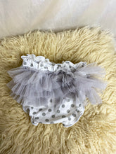 Load image into Gallery viewer, Pom-poms White and Grey Ruffle Polka Dot baby girls pant size 6-24 months
